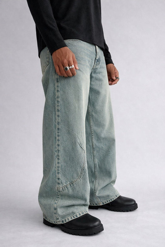 Sage Pattern Green Washed Baggy Denim